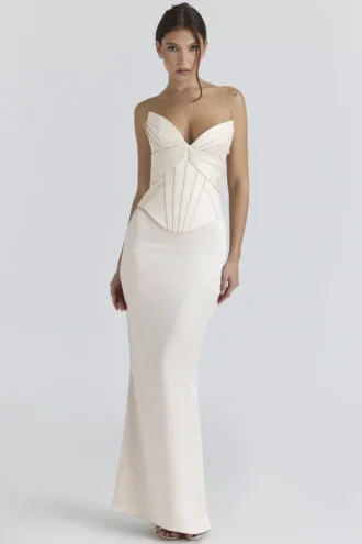 Eve Ivory Satin Korsett Maxi Aftonklänning – Utgåvor