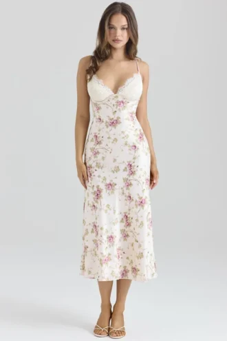 Felicity Midi-klänning i satin med blommönster i elfenbensvitt