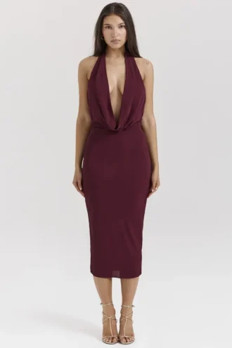 Florentina Merlot draperad midiklänning