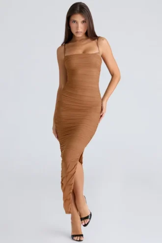 Fornarina Tan Gathered Stretch Mesh Maxi Klänning