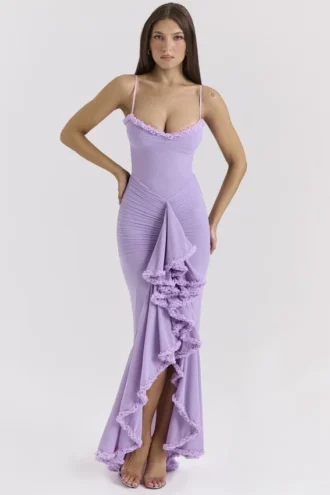 Gabbi Orchid Mesh Ruffled Front Aftonklänning