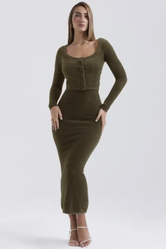 Gene Khaki Mjuk och fluffig stickad koftor