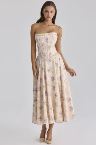 Gina Ivory Sweet Peony Floral Print Strapless Maxi Klänning