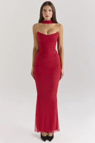 Hallie Holly Red Strapless Korsetter med avtagbar halsduk