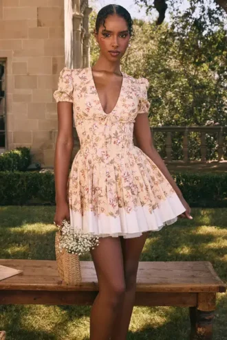 Imani Honeyflower Print Plisserad miniklänning i bomull
