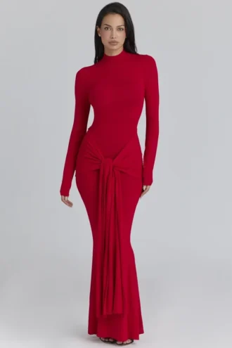 Imogen Scarlet Red Hip Drape Maxi Klänning