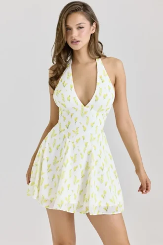 Iris Lemon Mini-klänning i georgette med blommönster och halterneck