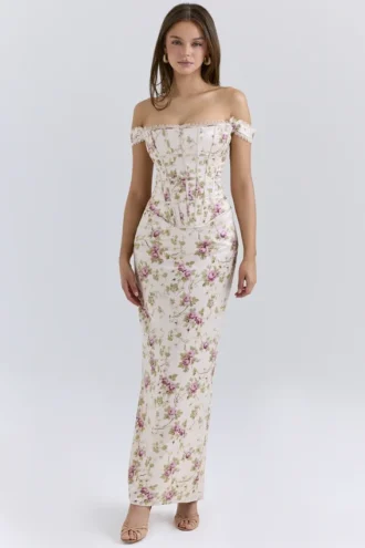 Isis Vintage krämfärgad maxiklänning med blommönster och korsetter
