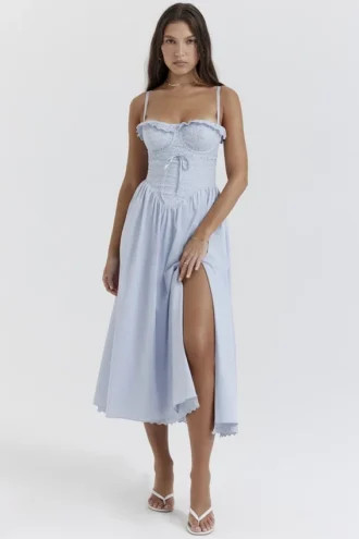 Jaime Midi-sommarklänning i mjukblå bomull med broderie anglaise