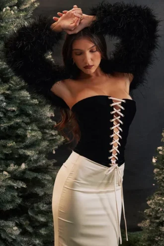 Jaina svart & vintagebeige strapless korsetter