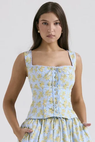 Juana mjukblå bomulls Toppar med vintageblommönster