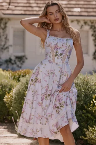 Kim Lilac Floral Cotton Midi Sommarklänning