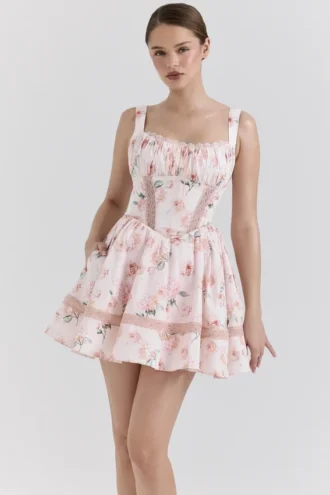 Kimmie Peach Mini-klänning i bomull med blommigt rosmönster