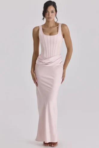 Kira Blush Pink Satin Gathered Maxi Klänning