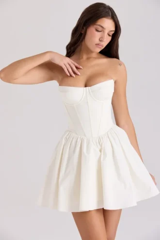 Kristiana Ivory Cotton Strapless Korsetter Mini Klänning