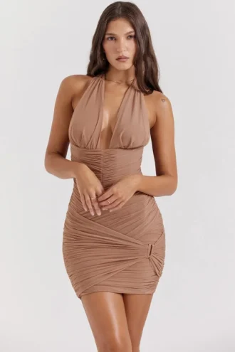 Laetitia Hazelnut rynkad miniklänning