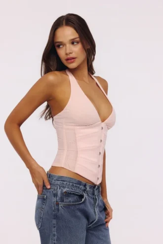 Lia rosa satin-korsetter med halterneck-toppar