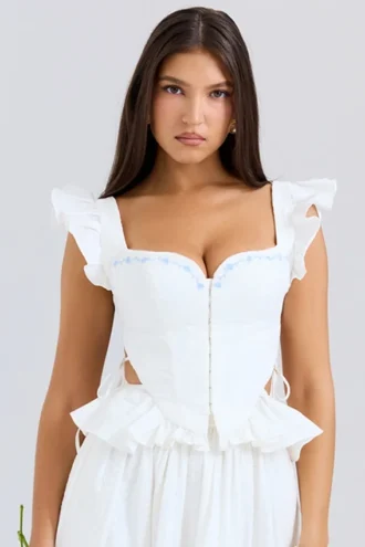 Lilibet Vit broderad peplum-korsett i bomull