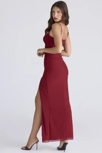 Lini Deep Red Stretch Mesh Korsetter Klänning Maxi