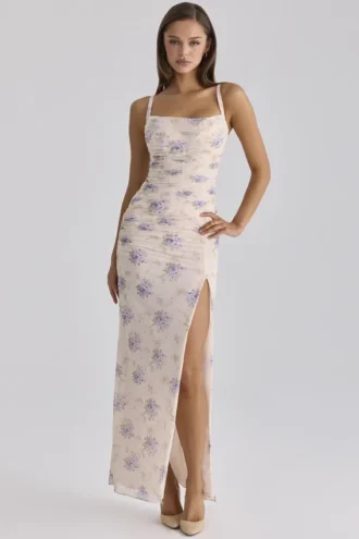Lini Ivory Sweet Peony Print Stretch Mesh Maxi Klänning