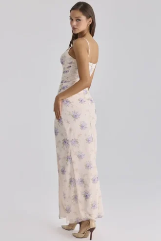 Lini Ivory Sweet Peony Print Stretch Mesh Maxi Klänning