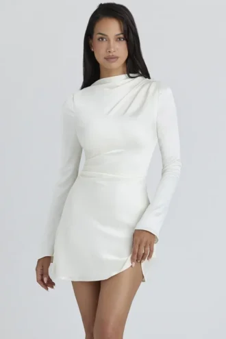 Lulu Ivory Satin Flute Sleeve Mini Klänning