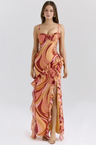 Lumira Sunset Swirl Print Ruffle Cut Out Maxi Klänning