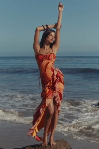 Lumira Sunset Swirl Print Ruffle Cut Out Maxi Klänning