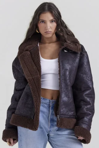 Madden Brown Vegan Shearling Aviator Jackor