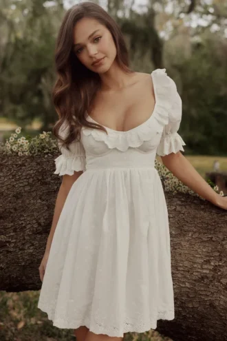 Maisie Vit Broderie Anglaise Regency Babydoll Miniklänning