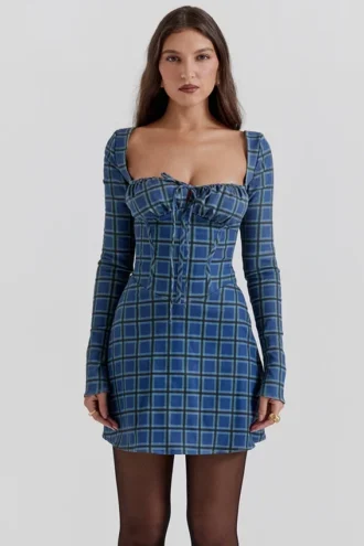 Malika blå tartan-korsetter-miniklänning