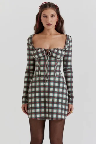 Malika röd tartan-korsetter-miniklänning