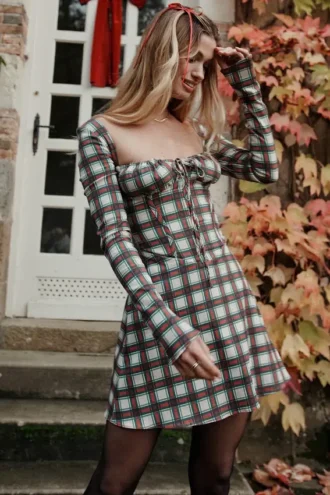 Malika röd tartan-korsetter-miniklänning
