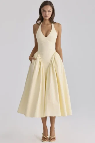 Marilyn Lemon Cotton Halter Neck Midi Sommarklänning