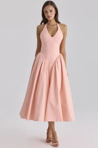 Marilyn Peach Cotton Halter Neck Midi Sommarklänning
