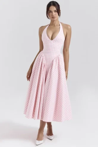 Marilyn Strawberry Shortcake Gingham Halter Midi Sommarklänning