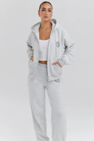 Mirage ljusgrå melerad bomullsfleece-Hoodie med dragkedja