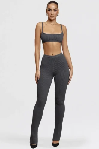 Mitzi mörkgrå ribbade stickade Leggings