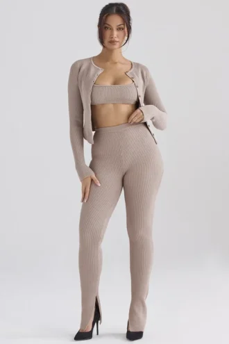 Mitzi Taupe ribbstickade Leggings