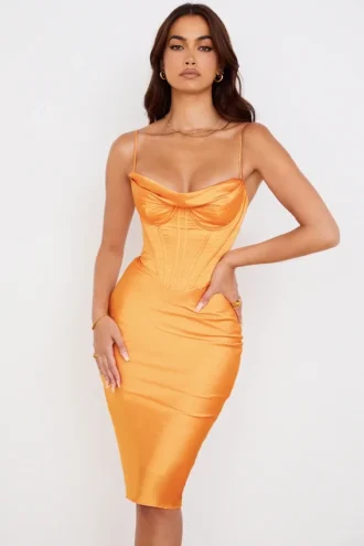 Myrna Tangerine Satin Korsetter Midi Klänning