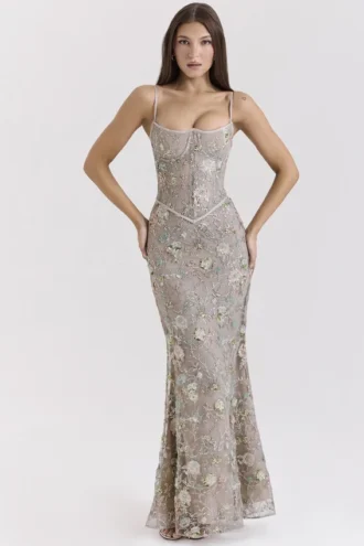 Naima Silver Embellished Beaded Korsetter Klänning Maxi