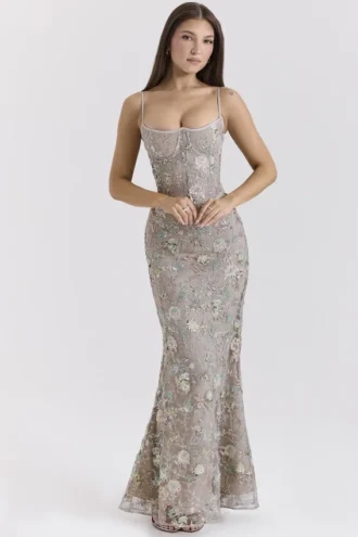 Naima Silver Embellished Beaded Korsetter Klänning Maxi