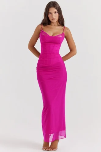 Nalini Fuchsia Stretch Mesh Maxi Klänning