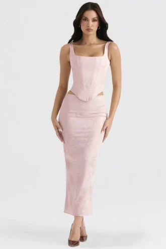 Luisette rosa metallicblommig midikjol i satin